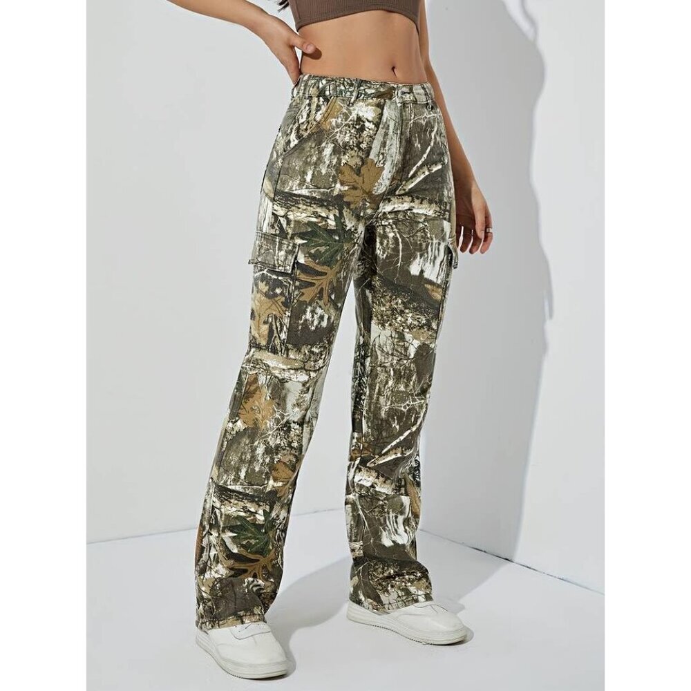 Women Camouflage Cargo Pants Cotton Polyester High Rise Wide Leg Trousers - Picture 2 of 7